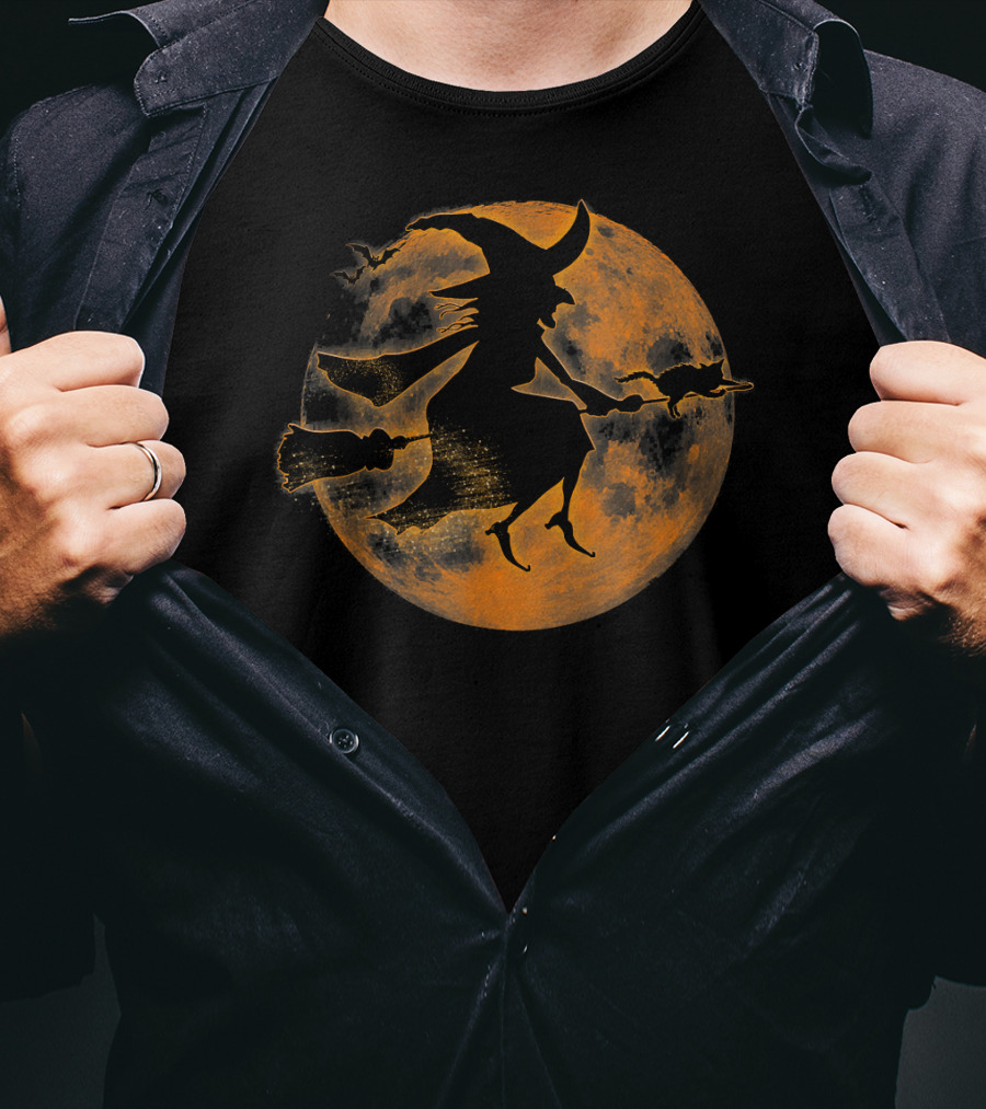 Halloween Spooky Witch And Cat On Broomstick Full Moon Scene T-Shirt