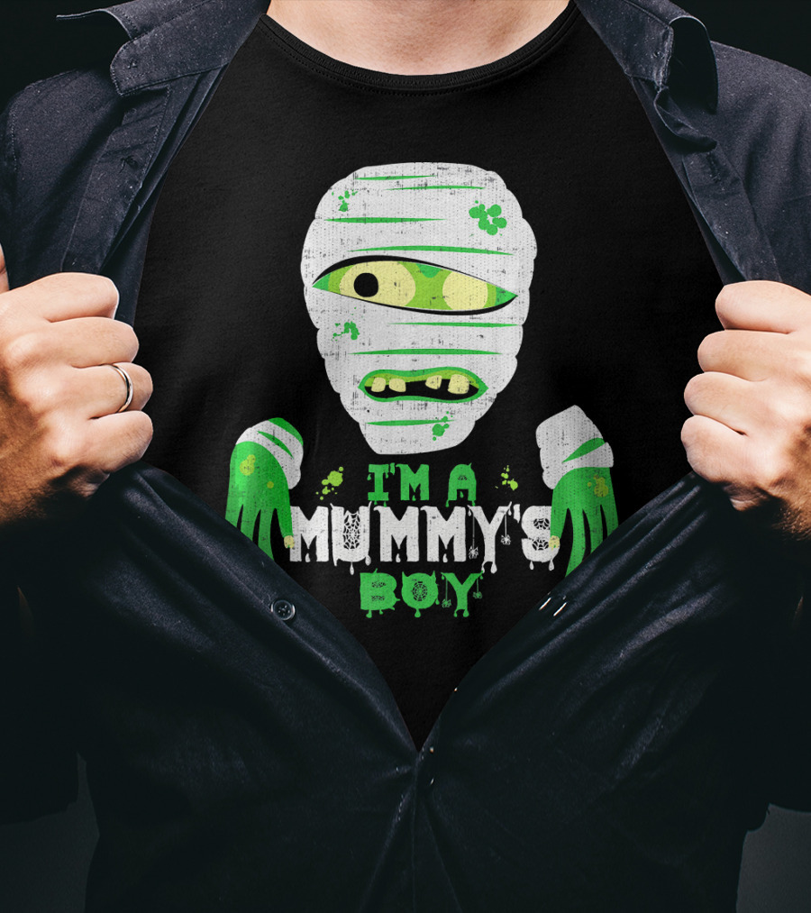 Creepy I'm A Mummy's Boy Green Cartoon Mummy Face And Hands T-Shirt