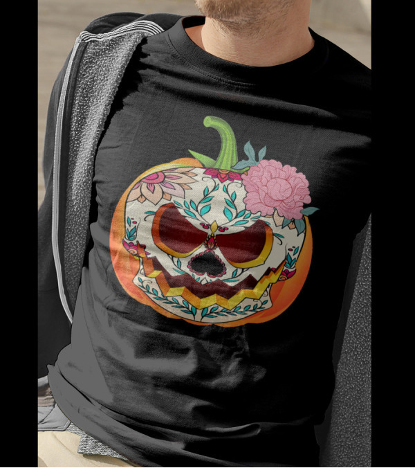Day Of The Dead Pumpkin Sugar Skull With Floral T-Shirt