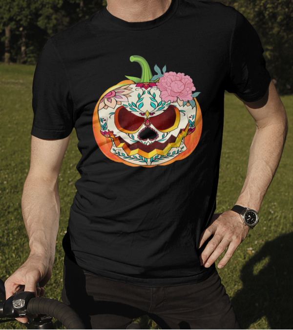 Day Of The Dead Pumpkin Sugar Skull With Floral T-Shirt