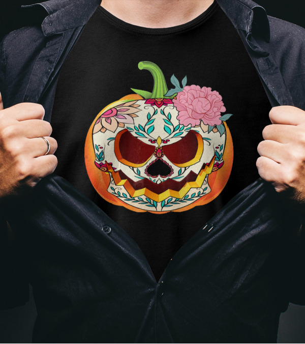 Day Of The Dead Pumpkin Sugar Skull With Floral T-Shirt