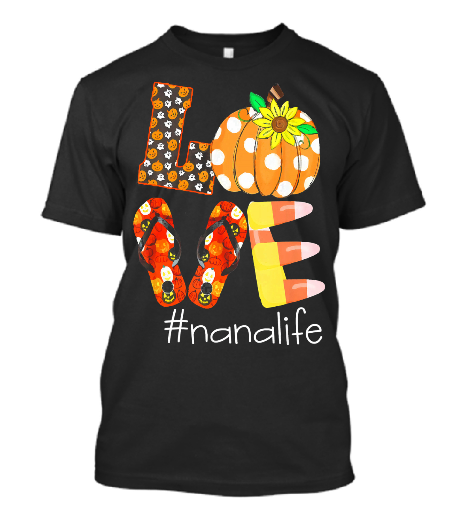 Nanalife Funny Love Pumpkin Flip Flops Halloween Candy Corn And Sunflower T-Shirt