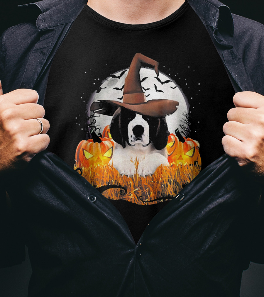 Cute Saint Bernard Dog Witch With Pumpkins And Full Moon T-Shirt
