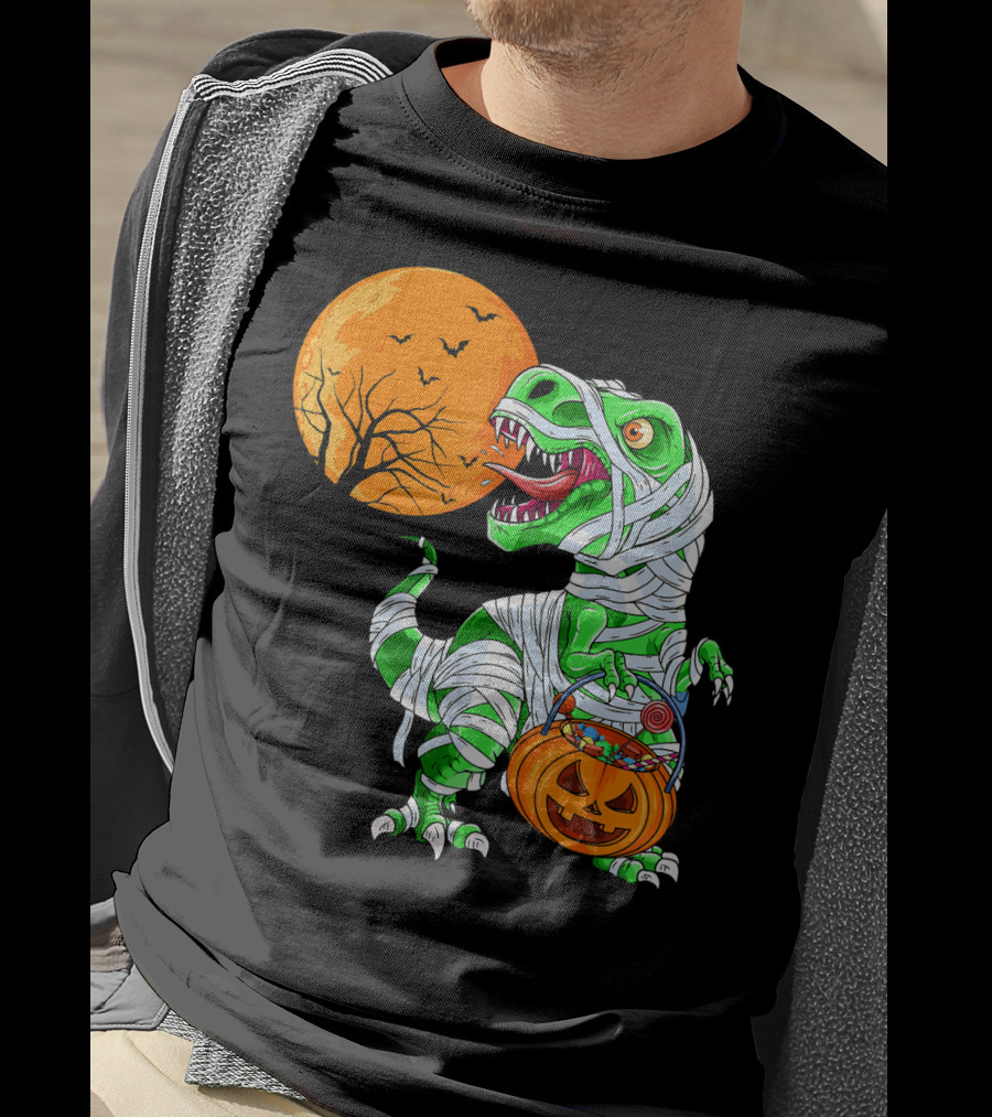 Halloween Mummy T Rex With Pumpkin Candy Under Full Moon T-Shirt