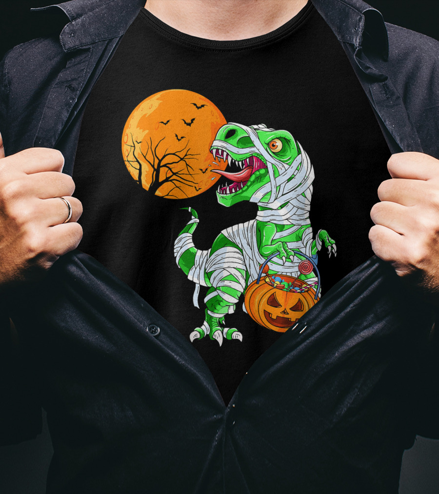 Halloween Mummy T Rex With Pumpkin Candy Under Full Moon T-Shirt