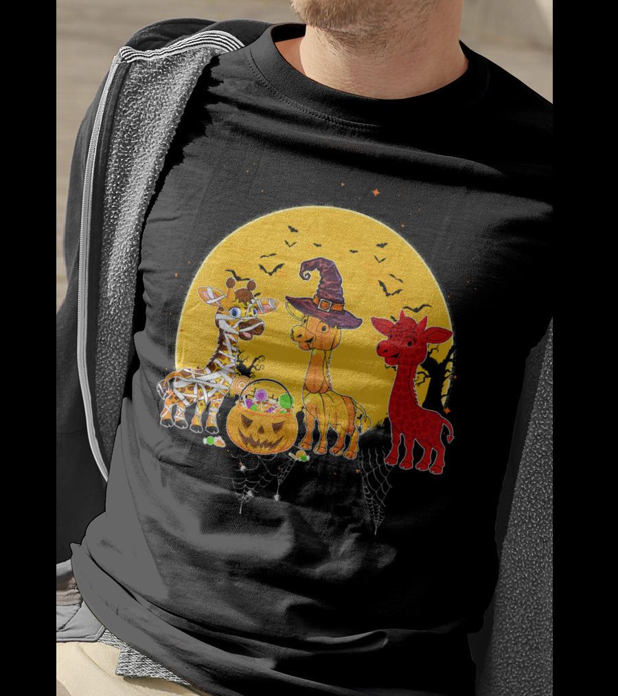 Three Giraffes Halloween Moon Mummy Witch Devil T-Shirt