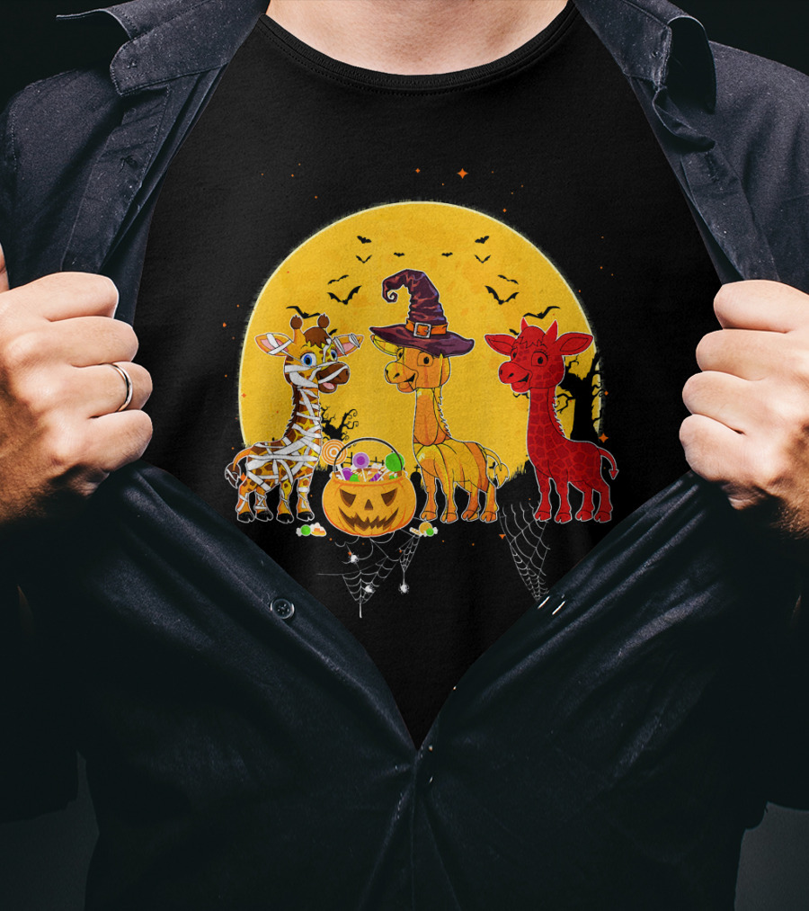 Three Giraffes Halloween Moon Mummy Witch Devil T-Shirt