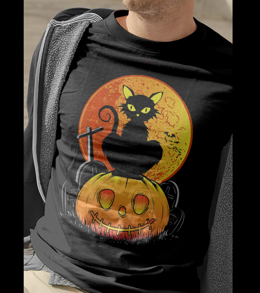 Halloween Black Cat On Pumpkin With Full Moon And Graveyard T-Shirt