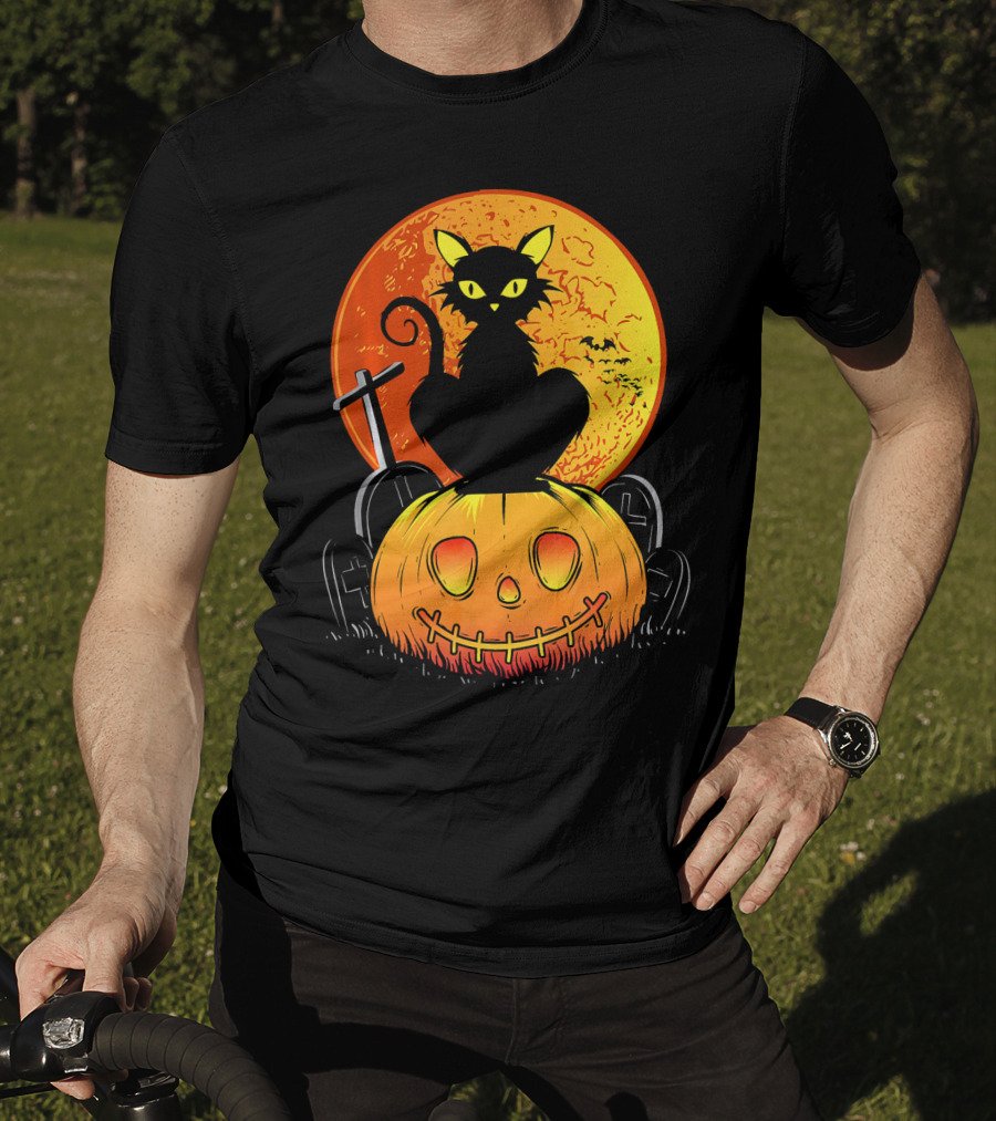 Halloween Black Cat On Pumpkin With Full Moon And Graveyard T-Shirt
