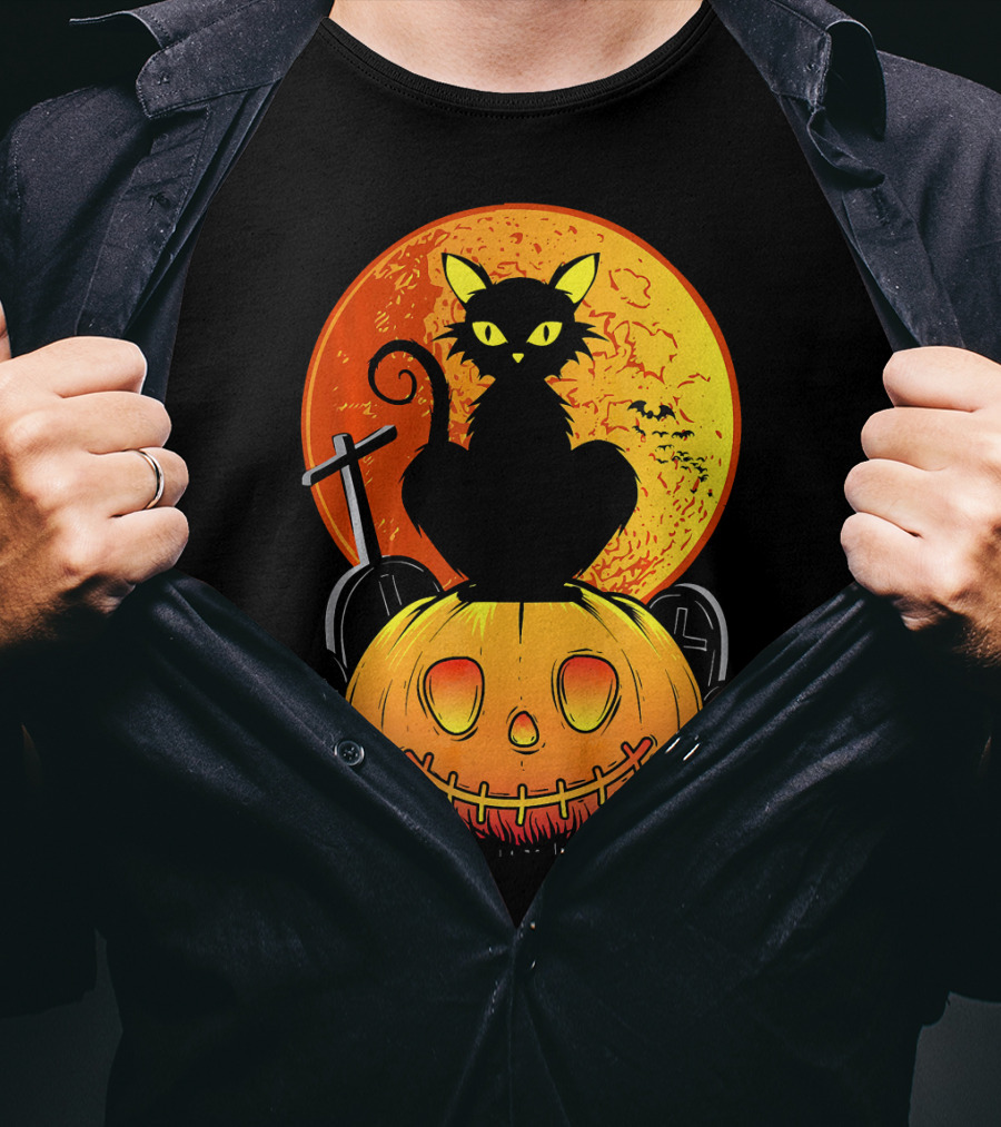 Halloween Black Cat On Pumpkin With Full Moon And Graveyard T-Shirt