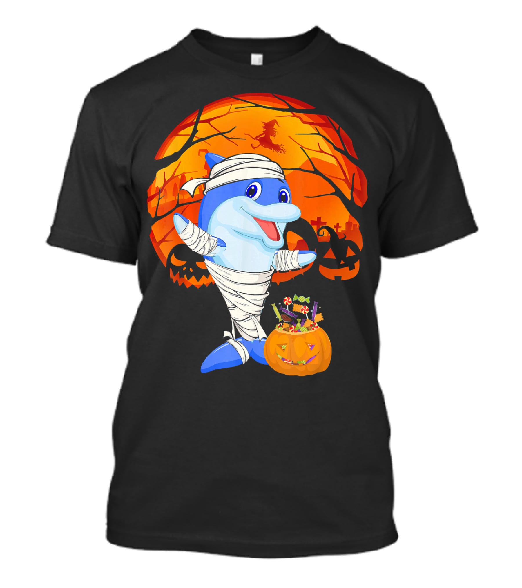 Halloween Dolphin Mummy With Candy Pumpkin And Witch Full Moon T-Shirt