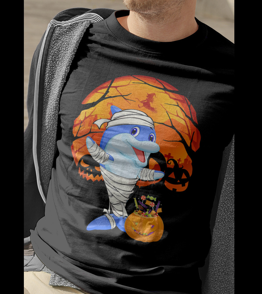 Halloween Dolphin Mummy With Candy Pumpkin And Witch Full Moon T-Shirt