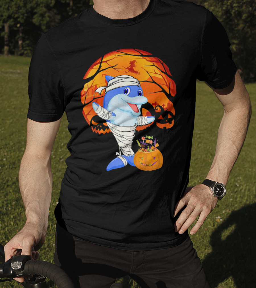 Halloween Dolphin Mummy With Candy Pumpkin And Witch Full Moon T-Shirt