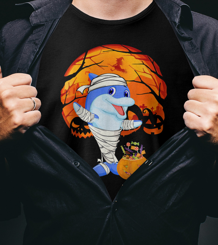 Halloween Dolphin Mummy With Candy Pumpkin And Witch Full Moon T-Shirt