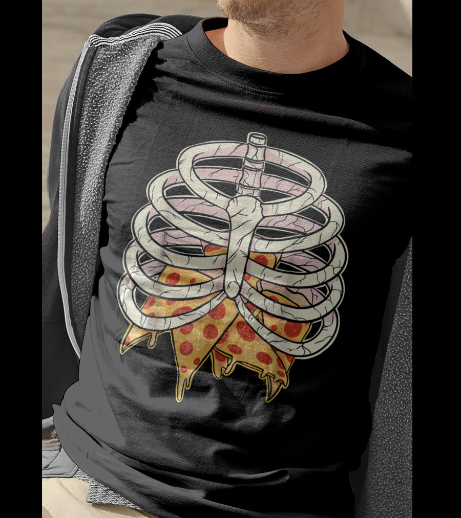 Skeleton Ribcage Pizza Slice Zombie Hall T-Shirt