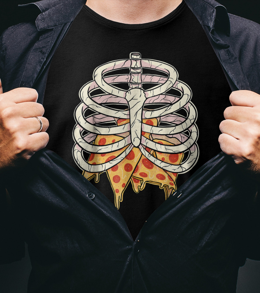 Skeleton Ribcage Pizza Slice Zombie Hall T-Shirt