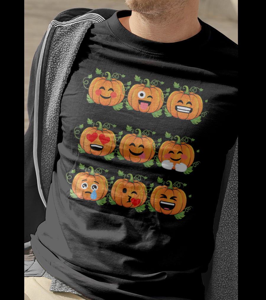 Pumpkin Emoji Faces Smiling Laughing Heart Eyes Winking Funny Expressions T-Shirt