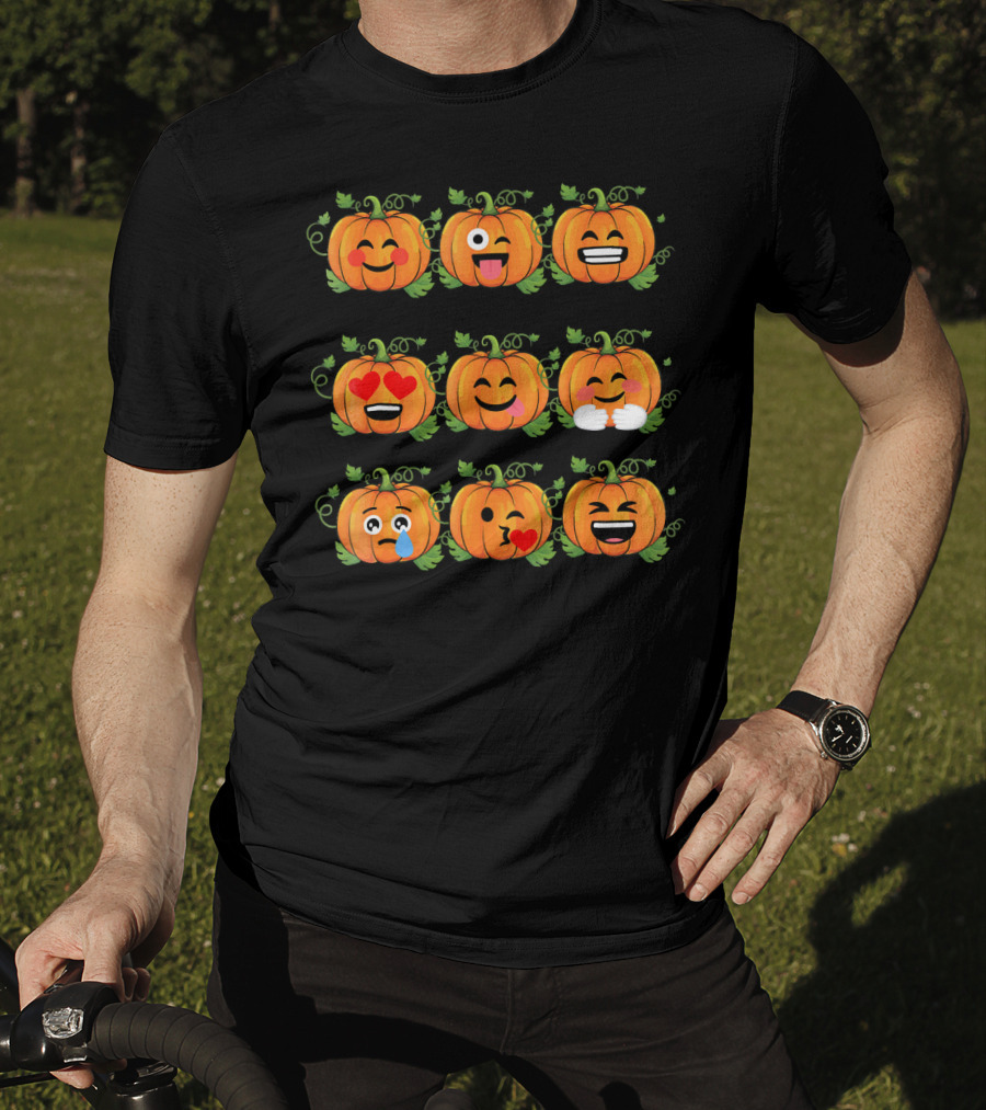 Pumpkin Emoji Faces Smiling Laughing Heart Eyes Winking Funny Expressions T-Shirt