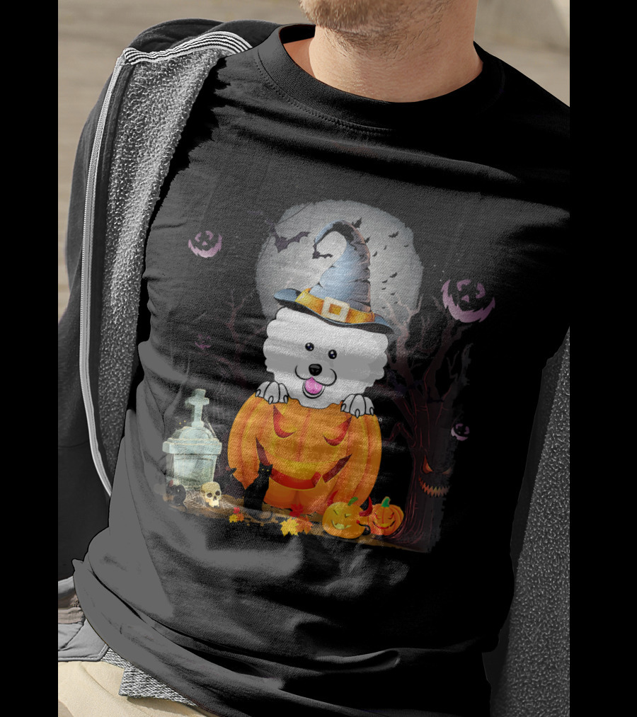 Bichon Frise Dog In Witch Hat With Halloween Pumpkin And Black Cat T-Shirt