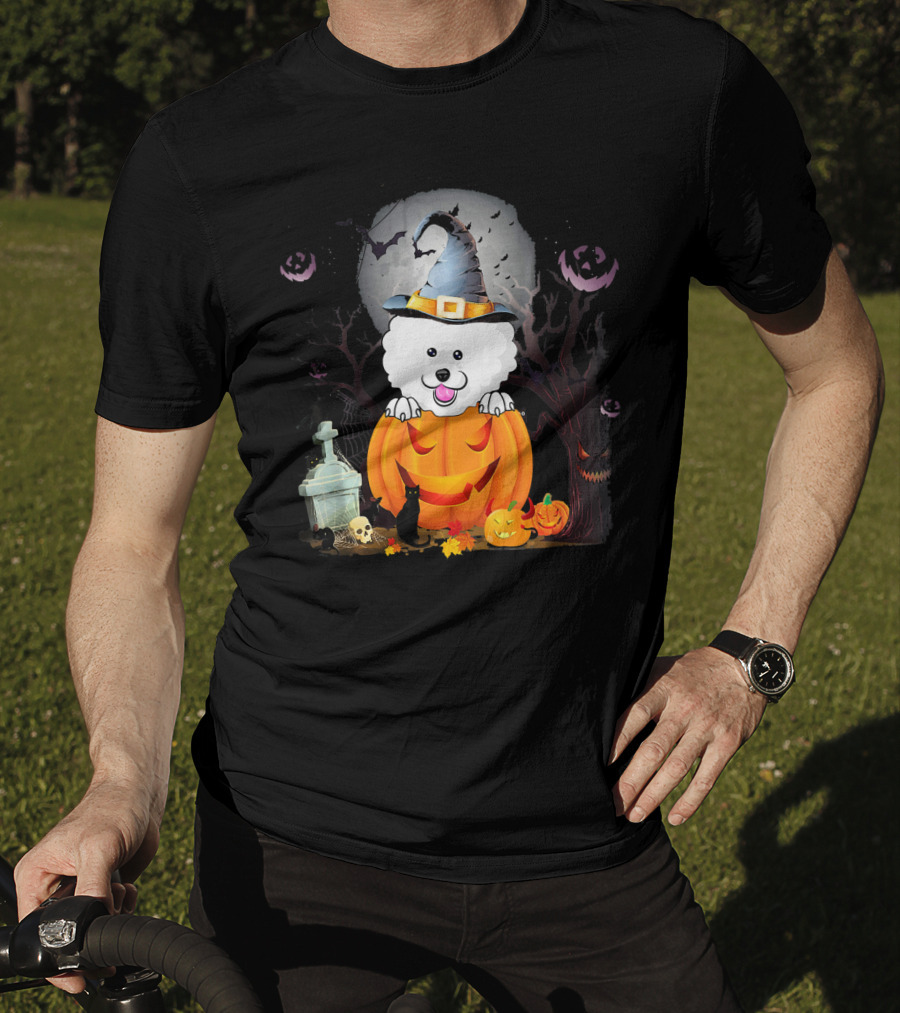 Bichon Frise Dog In Witch Hat With Halloween Pumpkin And Black Cat T-Shirt