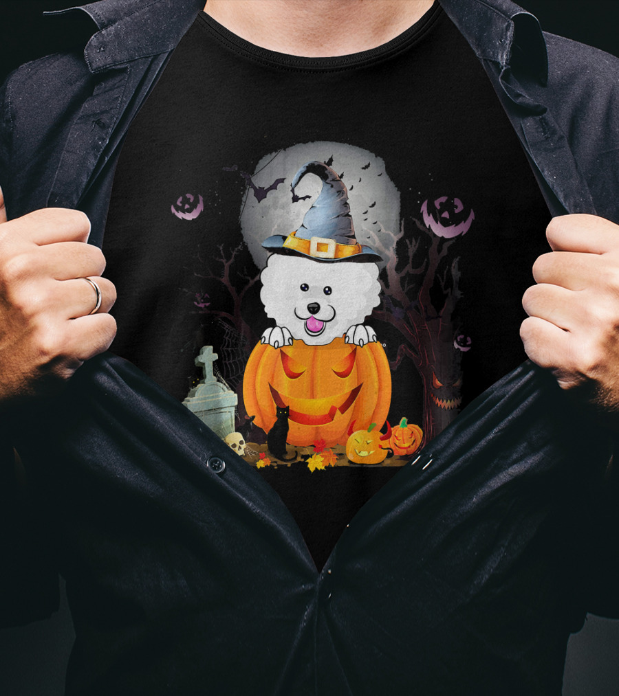 Bichon Frise Dog In Witch Hat With Halloween Pumpkin And Black Cat T-Shirt