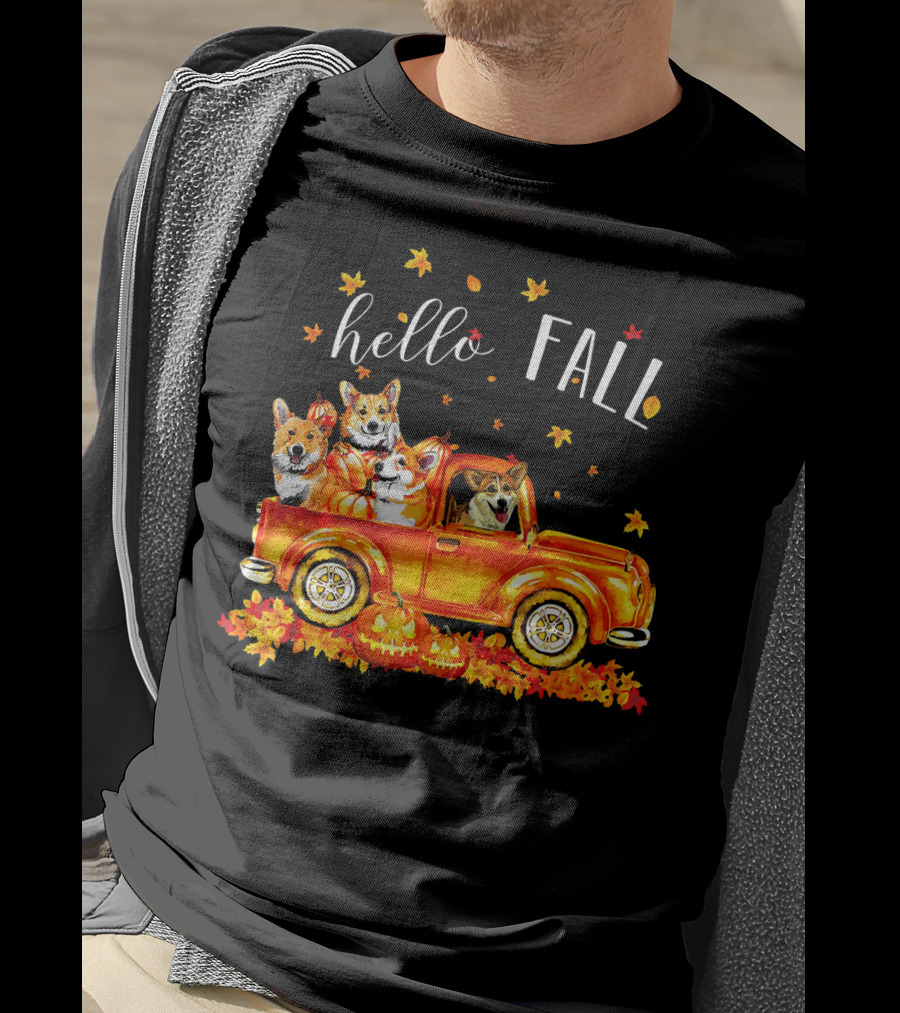 Hello Fall Corgis In Truck With Pumpkins And Leaves T-Shirt