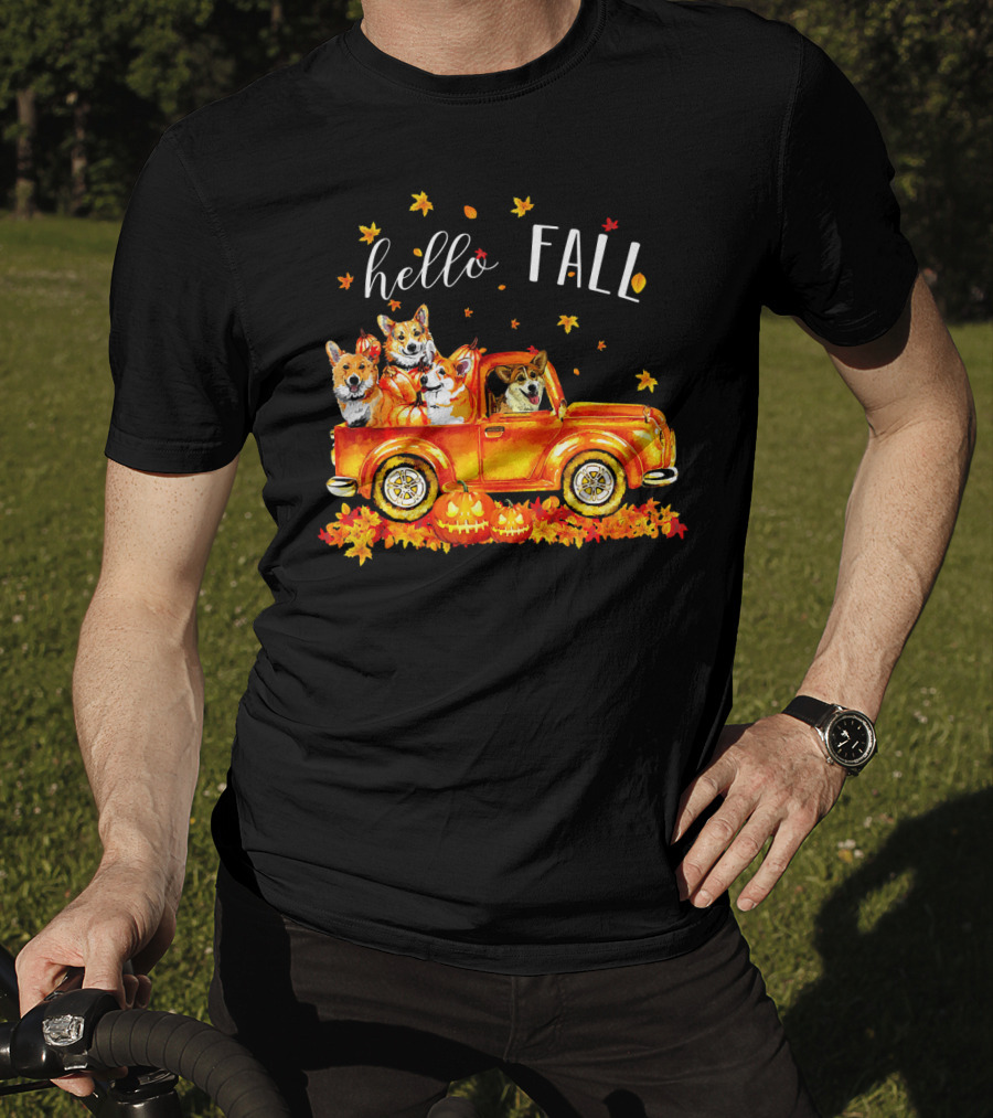 Hello Fall Corgis In Truck With Pumpkins And Leaves T-Shirt