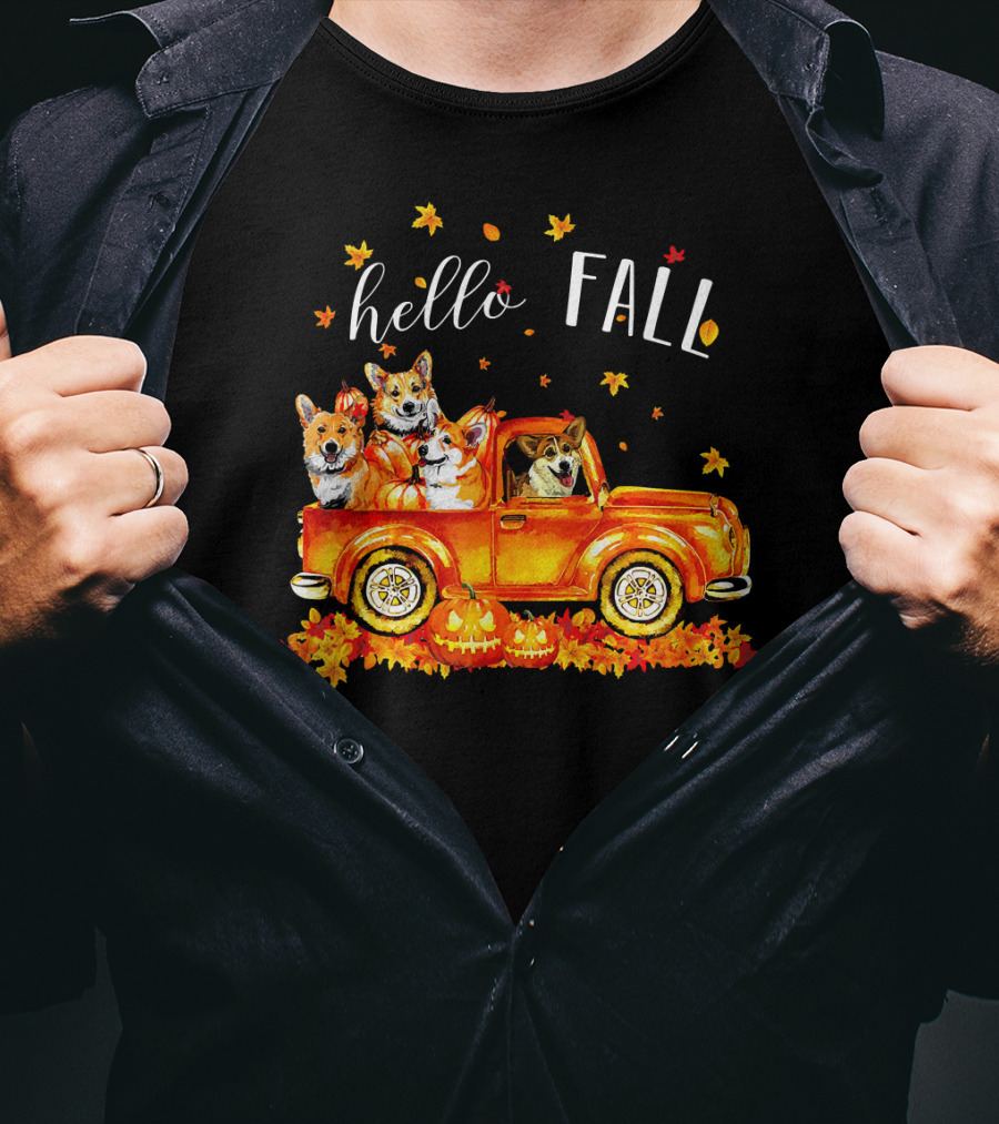 Hello Fall Corgis In Truck With Pumpkins And Leaves T-Shirt