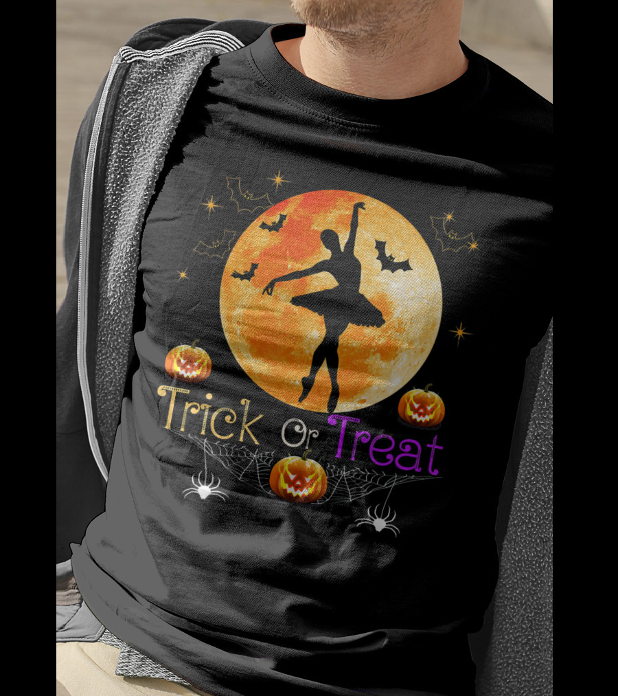 Trick Or Treat Ballerina Halloween Moon Pumpkins Bats Spiders T-Shirt