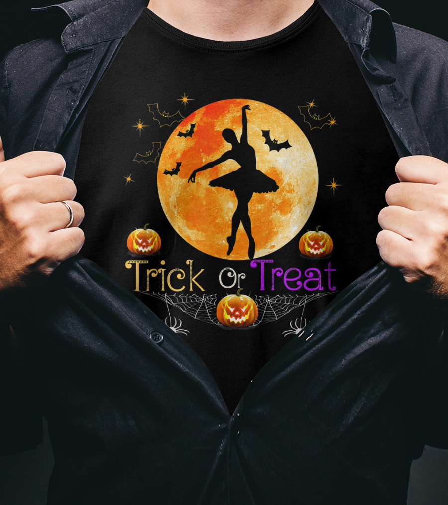 Trick Or Treat Ballerina Halloween Moon Pumpkins Bats Spiders T-Shirt