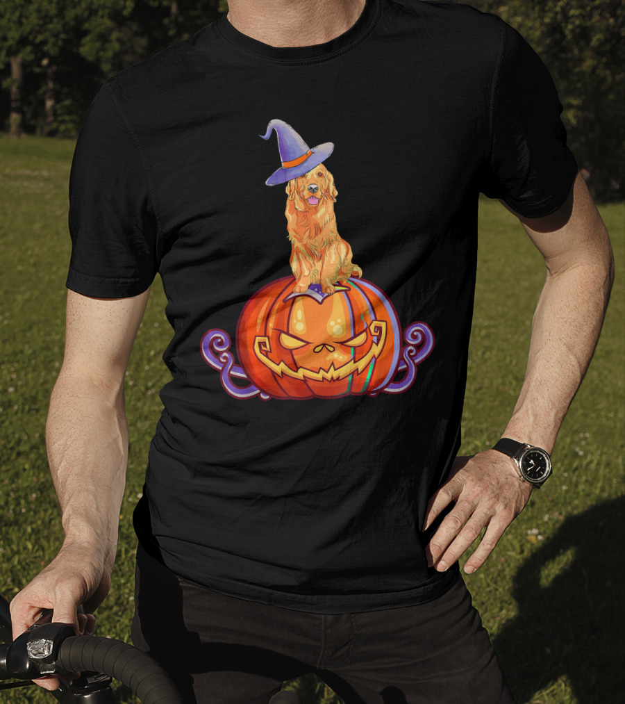 Golden Retriever Halloween Pumpkin Witch Hat T-Shirt