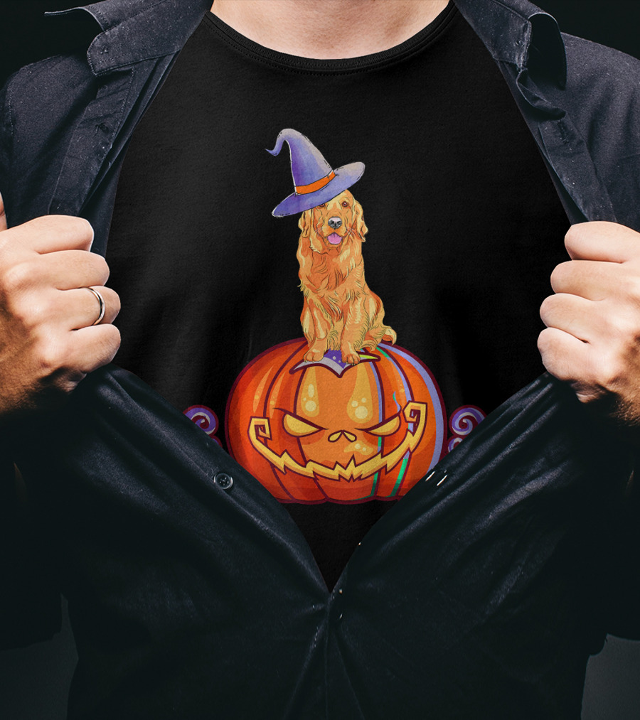 Golden Retriever Halloween Pumpkin Witch Hat T-Shirt