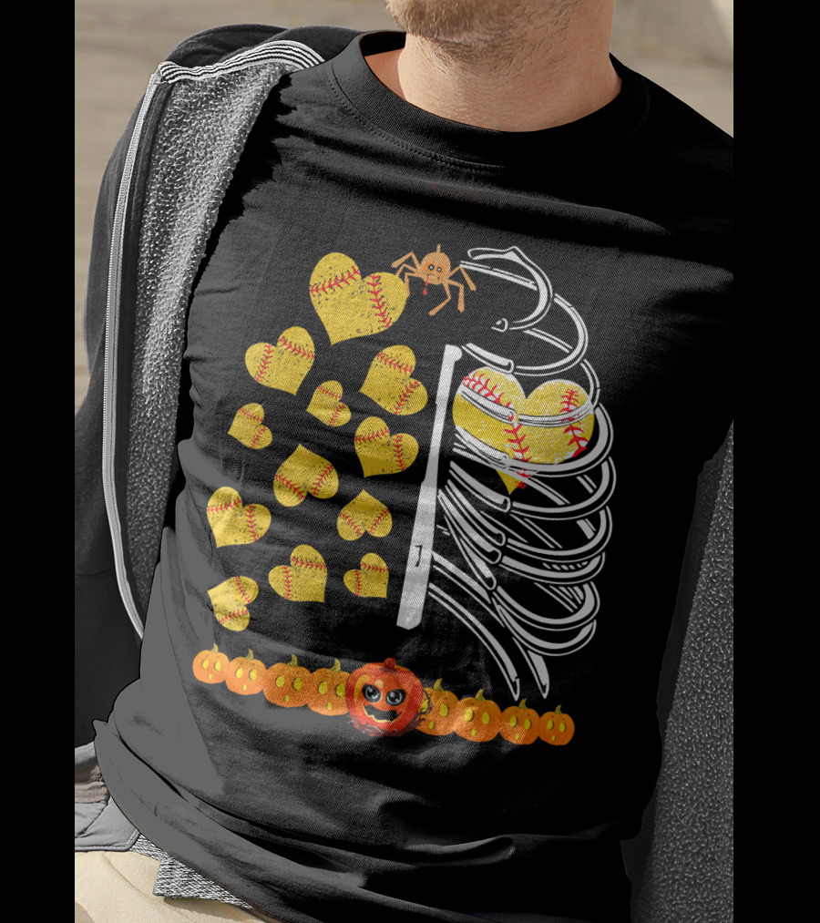 Funny Halloween Skeleton Softball Hearts Pumpkins Spider T-Shirt