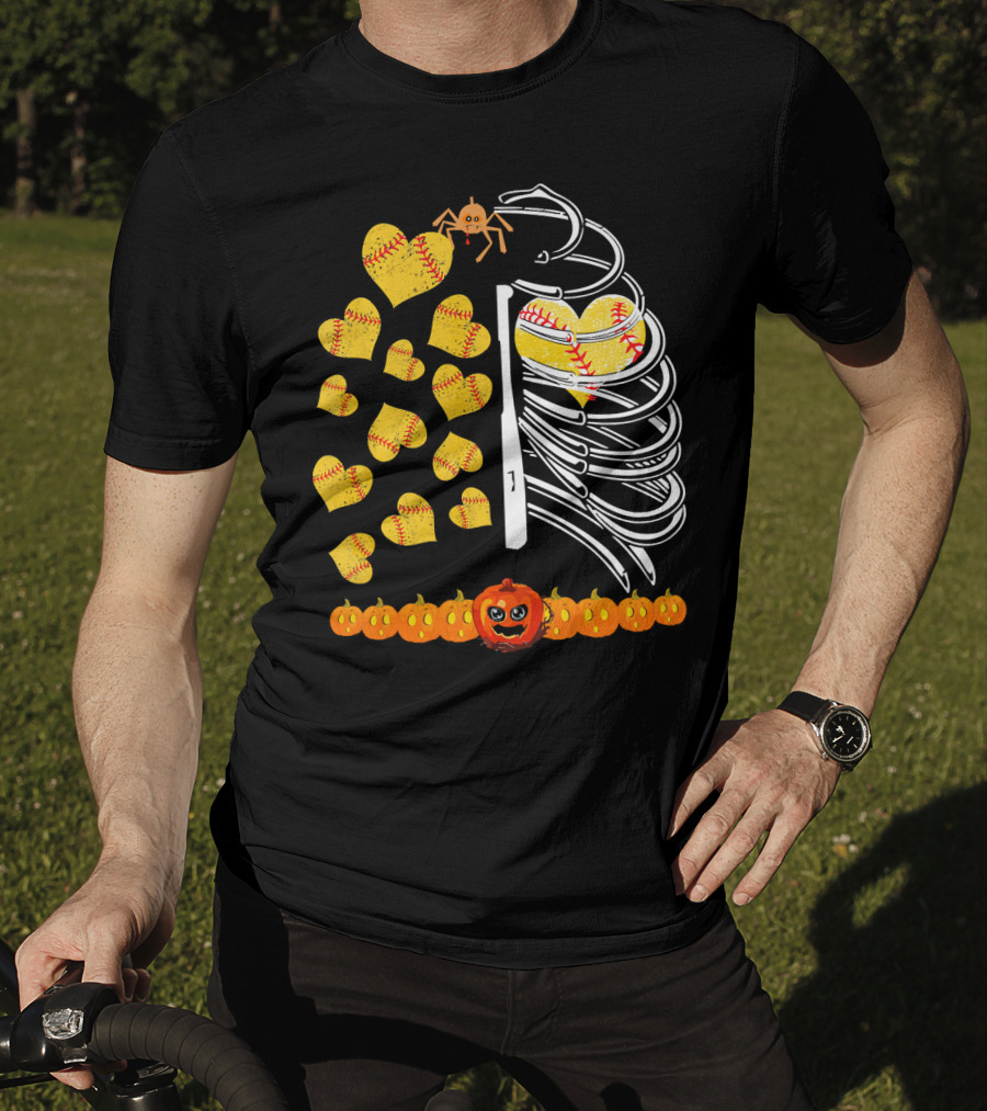 Funny Halloween Skeleton Softball Hearts Pumpkins Spider T-Shirt