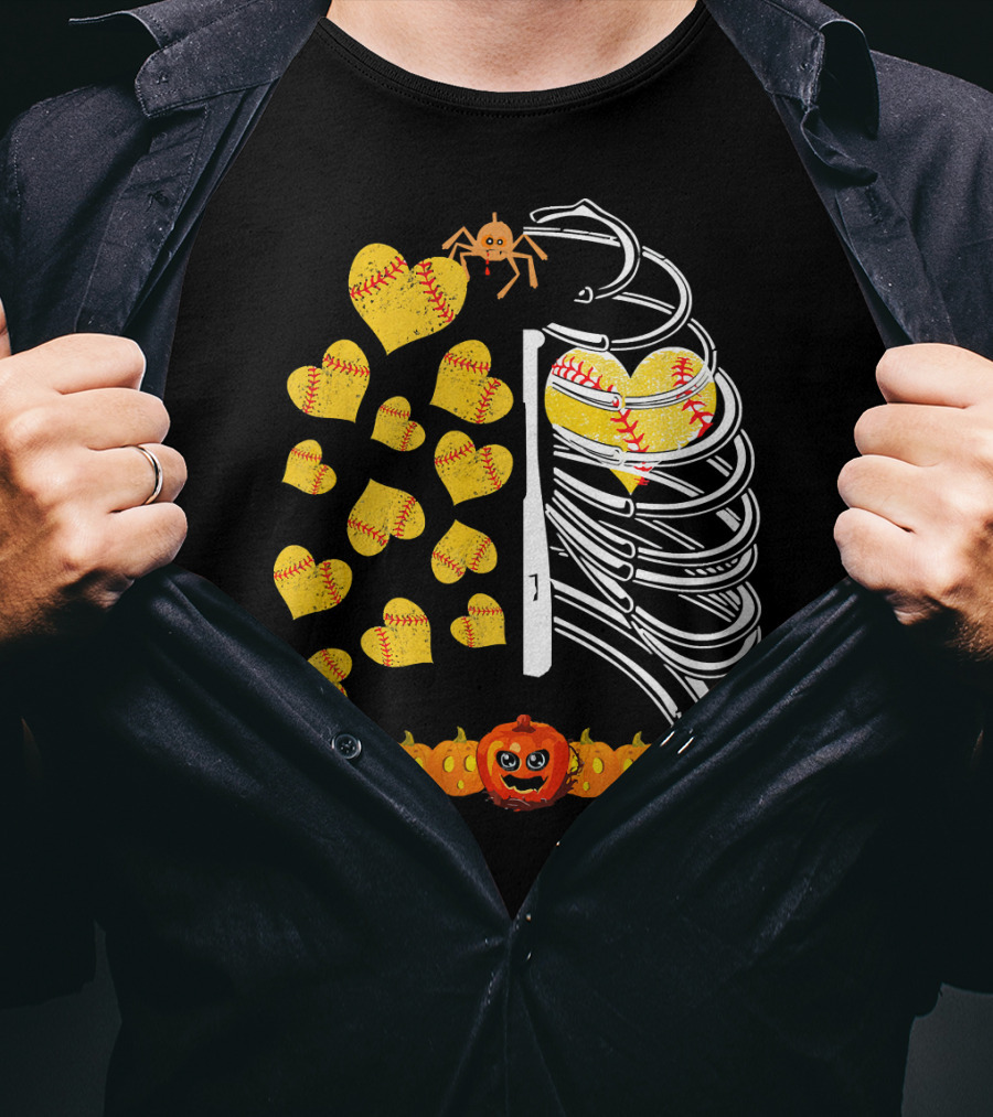 Funny Halloween Skeleton Softball Hearts Pumpkins Spider T-Shirt