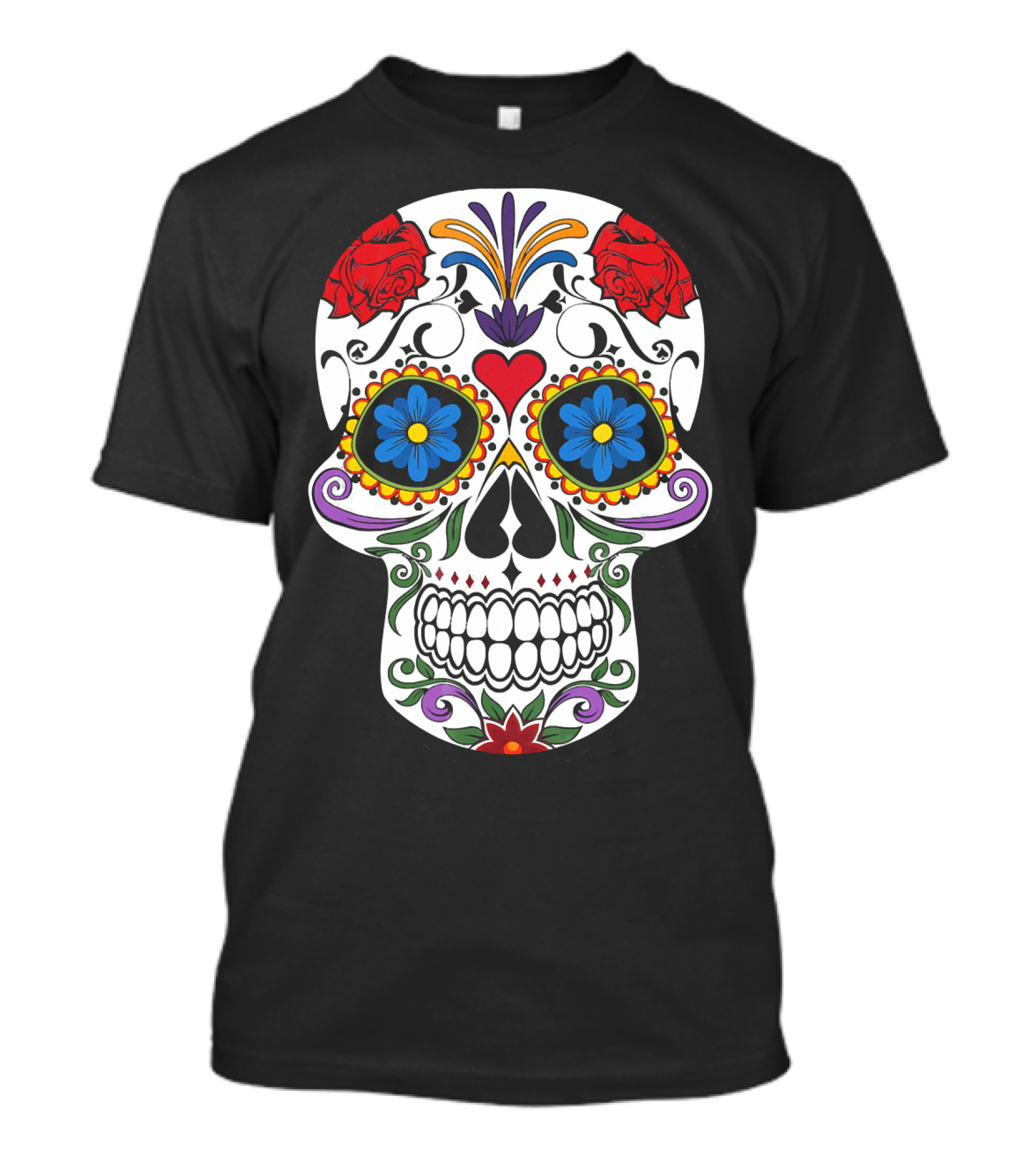 Day Of Dead Sugar Skull With Roses And Flowers T-Shirt