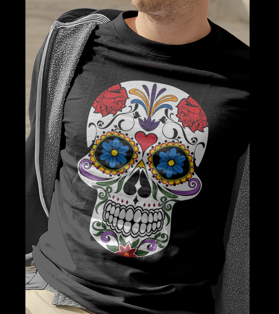 Day Of Dead Sugar Skull With Roses And Flowers T-Shirt