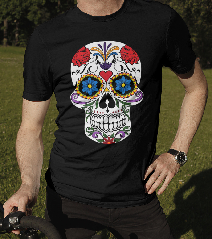 Day Of Dead Sugar Skull With Roses And Flowers T-Shirt