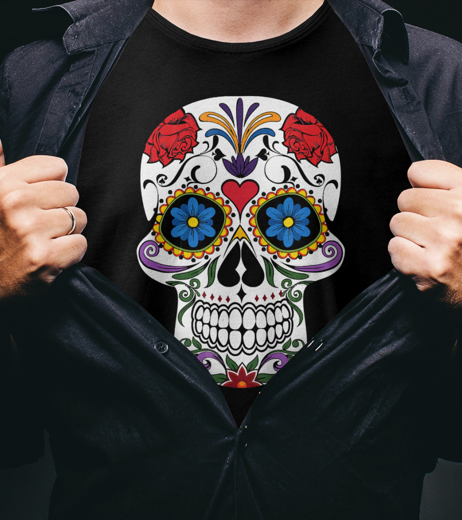 Day Of Dead Sugar Skull With Roses And Flowers T-Shirt