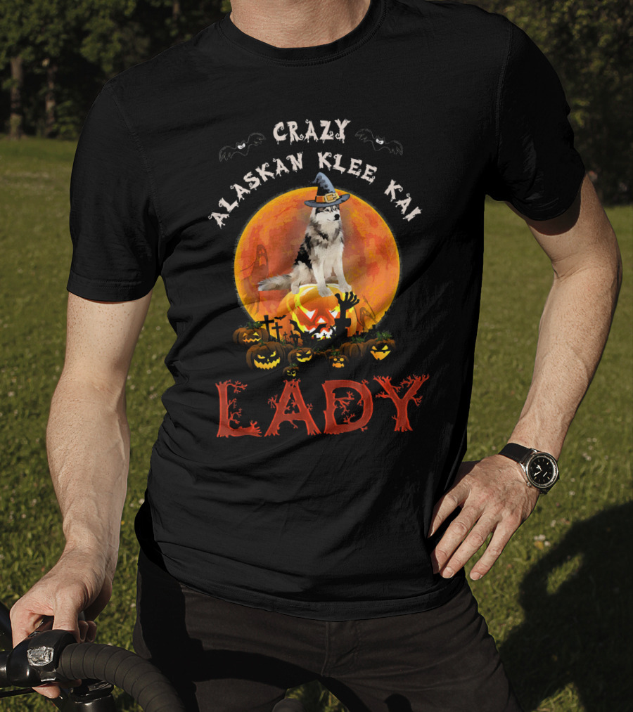 Crazy Alaskan Klee Kai Lady Halloween Moon Pumpkin Graveyard T-Shirt