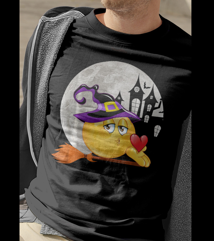 Kissing Face Emoji Witch Hat Broomstick With Heart In Front Of Spooky House And Full Moon T-Shirt