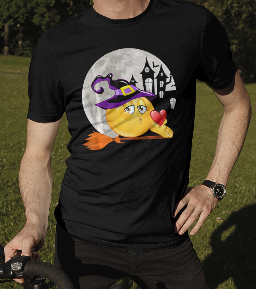 Kissing Face Emoji Witch Hat Broomstick With Heart In Front Of Spooky House And Full Moon T-Shirt