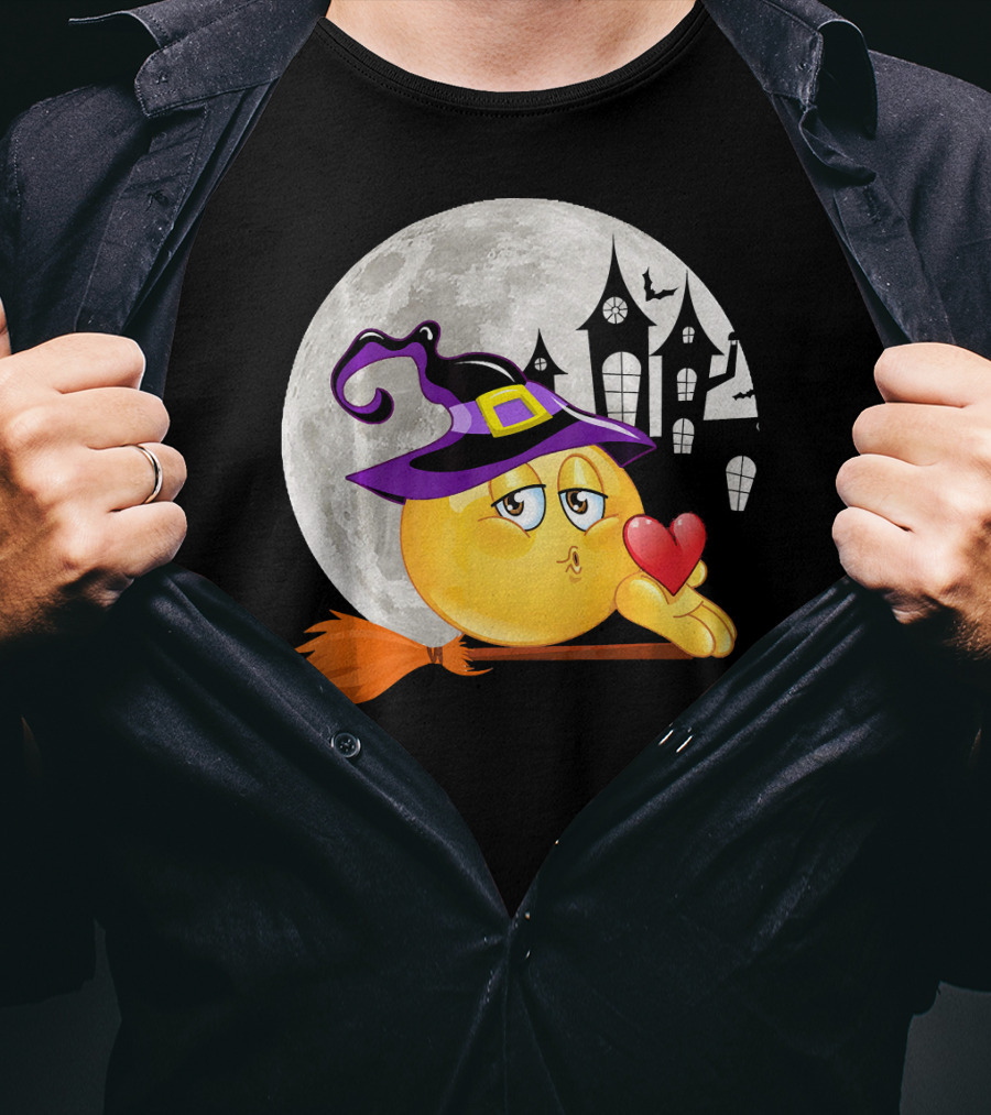 Kissing Face Emoji Witch Hat Broomstick With Heart In Front Of Spooky House And Full Moon T-Shirt
