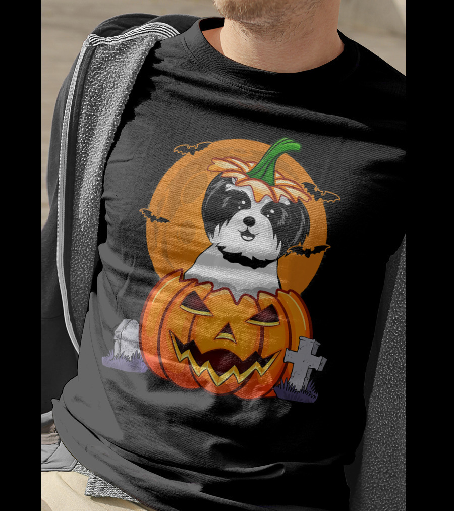 Funny Shih Tzu Pumpkin Halloween Moon Bats Graveyard T-Shirt