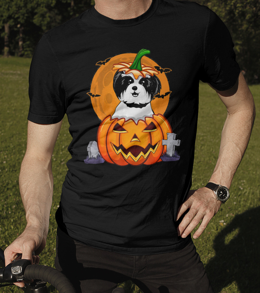 Funny Shih Tzu Pumpkin Halloween Moon Bats Graveyard T-Shirt