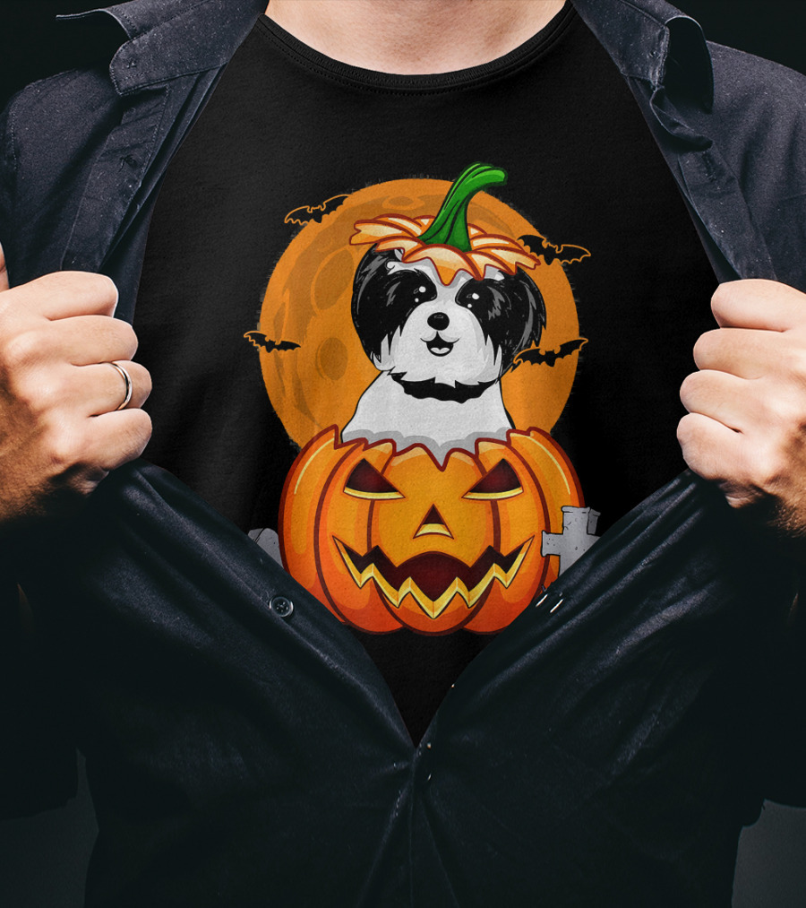 Funny Shih Tzu Pumpkin Halloween Moon Bats Graveyard T-Shirt