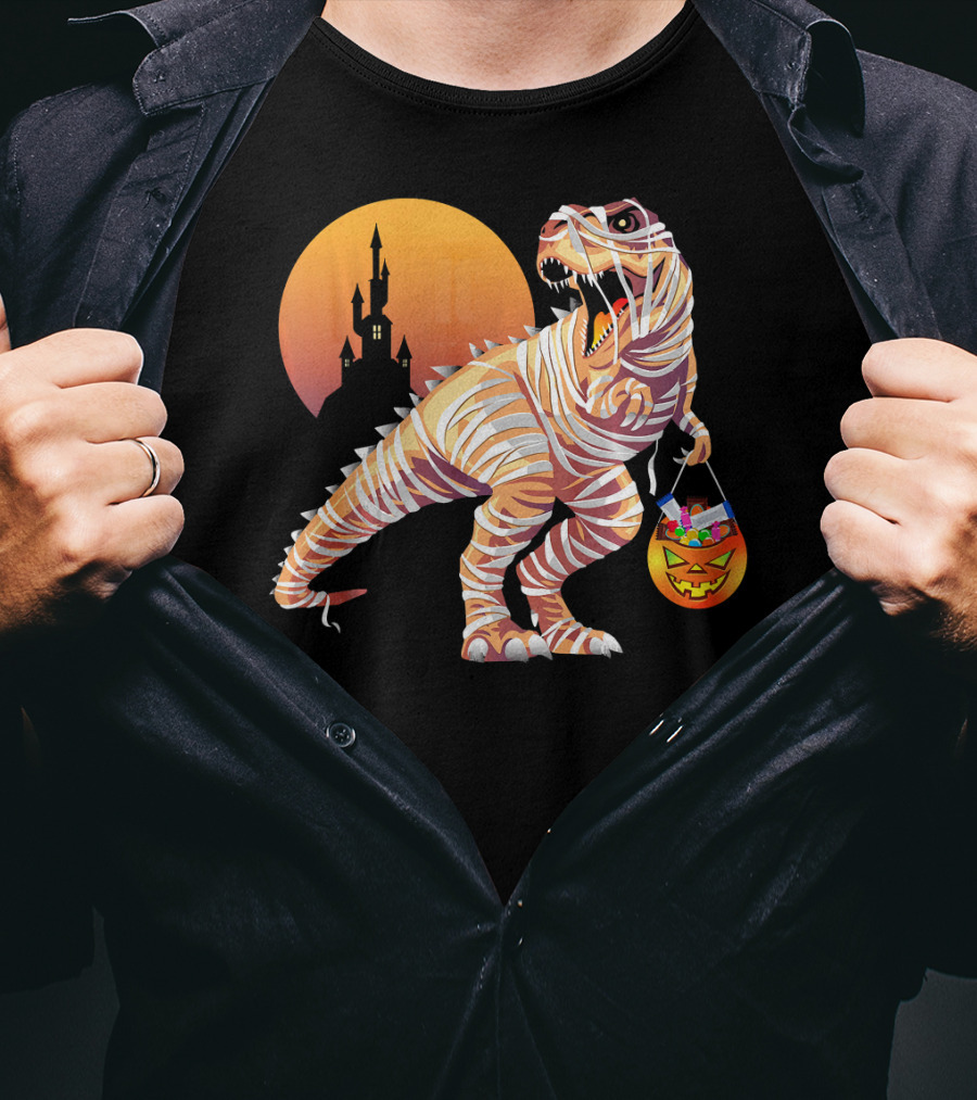 Mummy Rex Dinosaur Halloween Trick Or Treat Castle Shadows T-Shirt