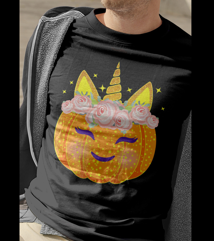 Smiling Unicorn Pumpkin With Flowers And Stars T-Shirt