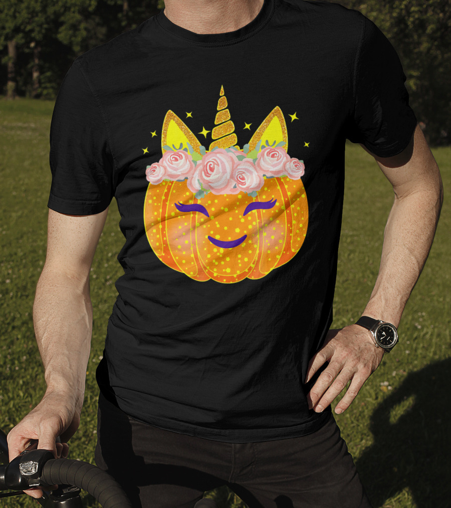 Smiling Unicorn Pumpkin With Flowers And Stars T-Shirt