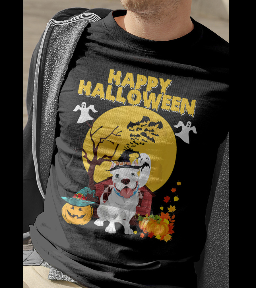 Happy Halloween Pumpkin Pitbull Dog Ghosts And Spooky Night T-Shirt